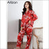 2 Pcs Set Flower Print Long-sleeve Satin Top And Pants