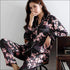 2 Pcs Set Flower Print Long-sleeve Satin Top And Pants