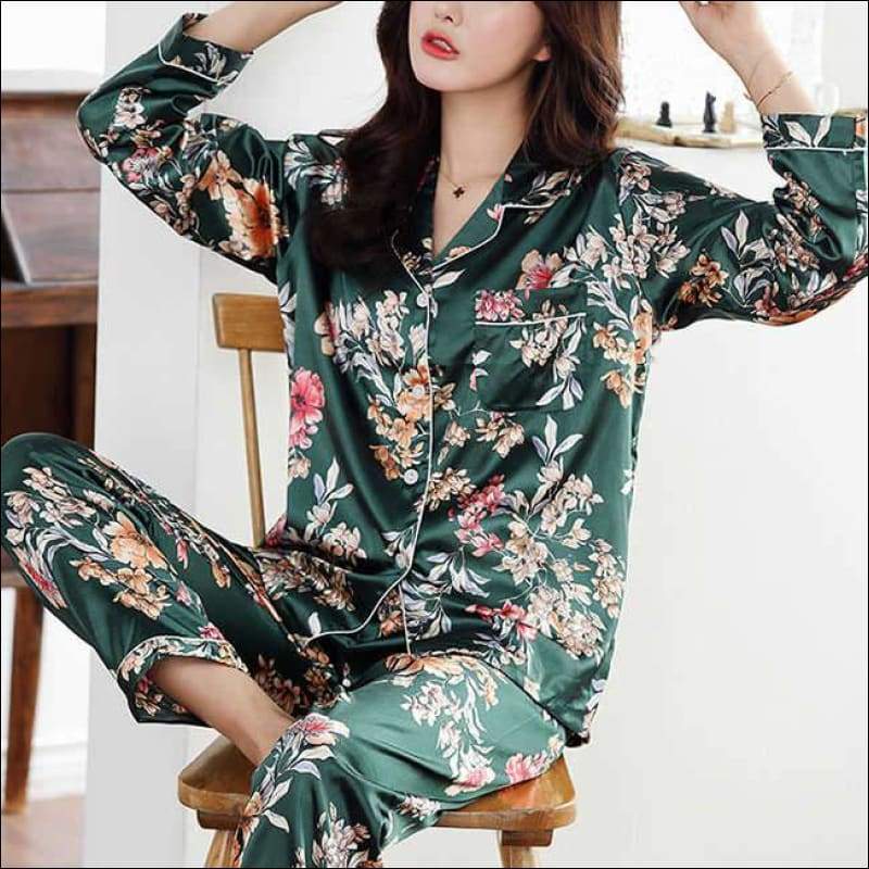 2 Pcs Set Flower Print Long-sleeve Satin Top And Pants - 
