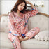 2 Pcs Set Flower Print Long-sleeve Satin Top And Pants