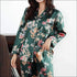 2 Pcs Set Flower Print Long-sleeve Satin Top And Pants