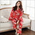 2 Pcs Set Flower Print Long-sleeve Satin Top And Pants