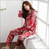 2 Pcs Set Flower Print Long-sleeve Satin Top And Pants