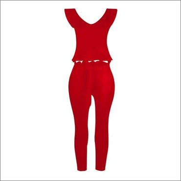 2 Pcs Women Ruffled Design Sleeveless Tops And Solid Color Pants Set