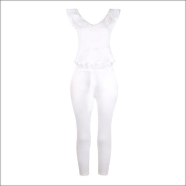 2 Pcs Women Ruffled Design Sleeveless Tops And Solid Color Pants Set