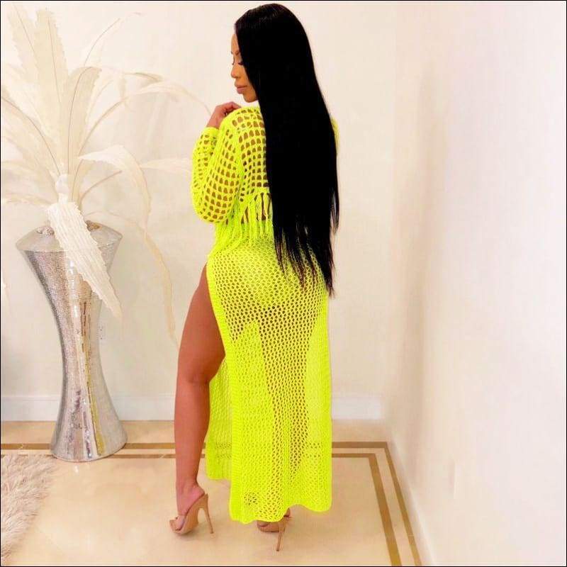 2 Pcs/Set Hollow Tassel Crop Top Side-slit Skirt Coverup - S