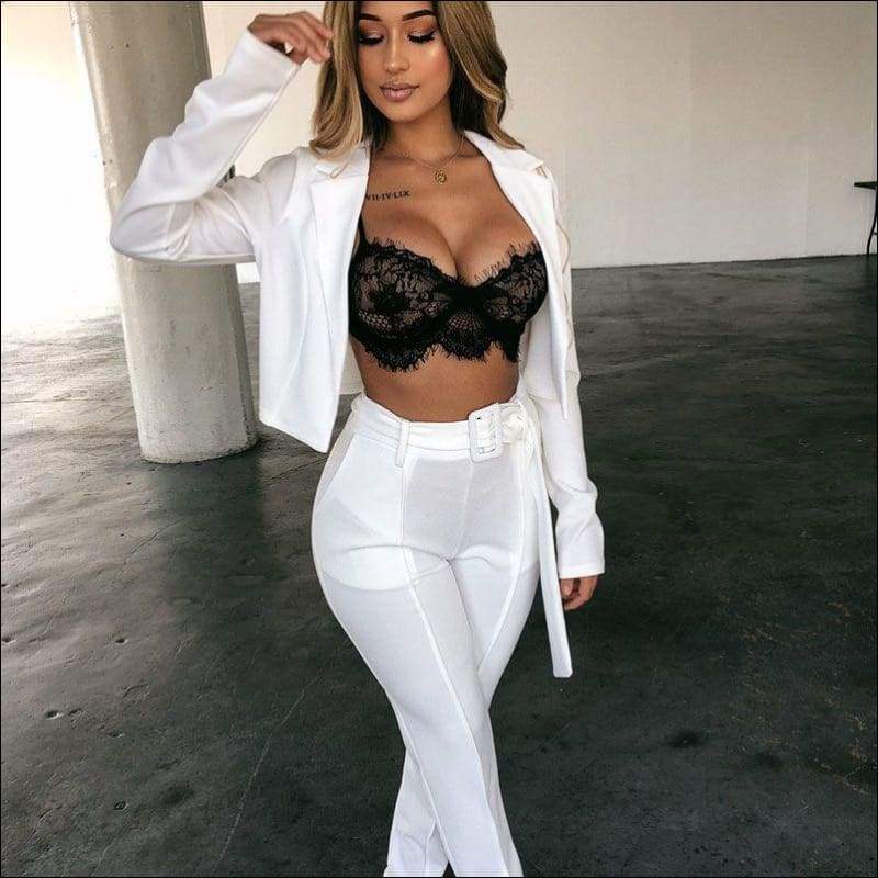 2 Pcs/set Solid Color Lapel Blazer Pencil Pants - S / White 