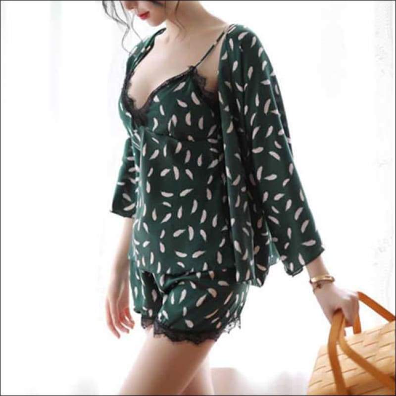 3 Pieces Set Casual Loose Satin Pajama - M / Green - 