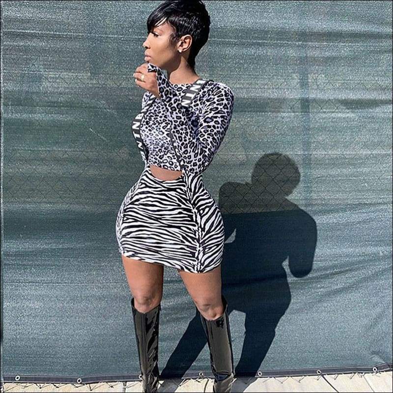 Animal Print Long-sleeve T-shirt Strap Skirt Figure 