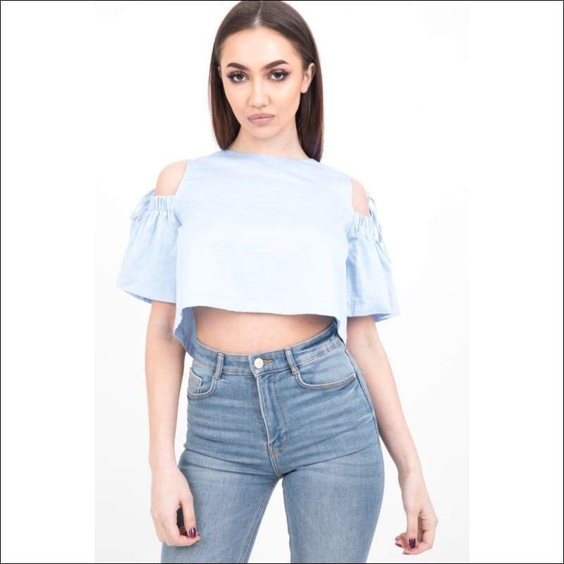 Baby Blue Cold Shoulder Crop Top - Women’s Clothing