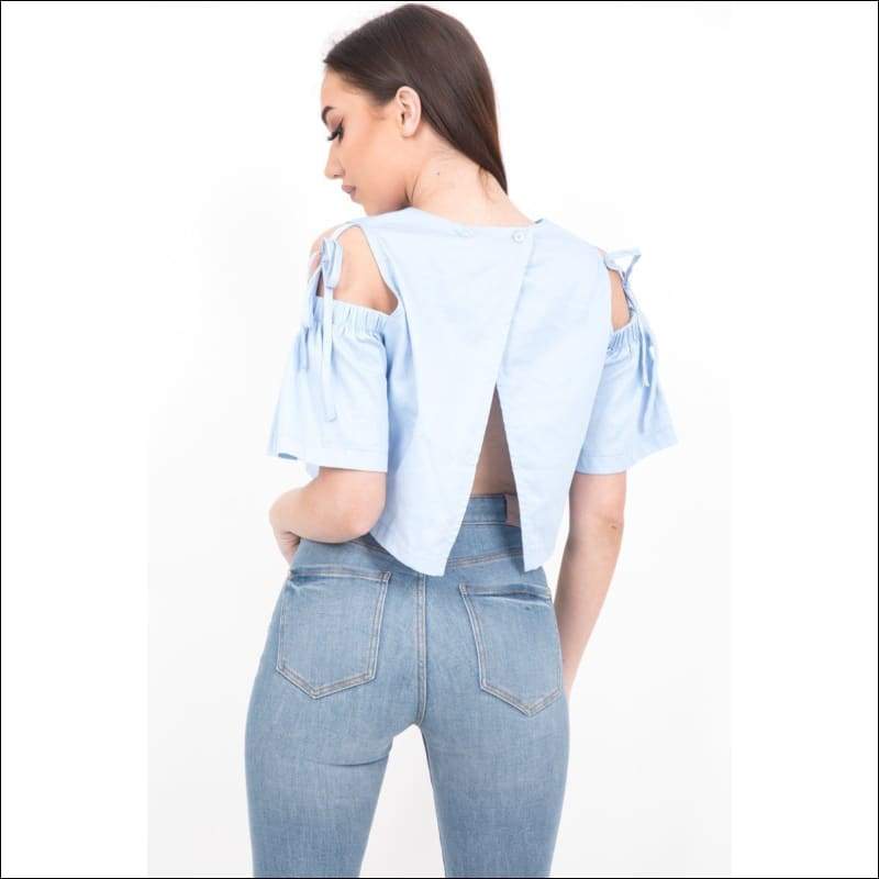 Baby Blue Cold Shoulder Crop Top - Women’s Clothing