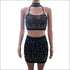 Backless Bandage Top And Bodycon Skirt Three Pieces Sets Sexy See-through Mesh Diamonds