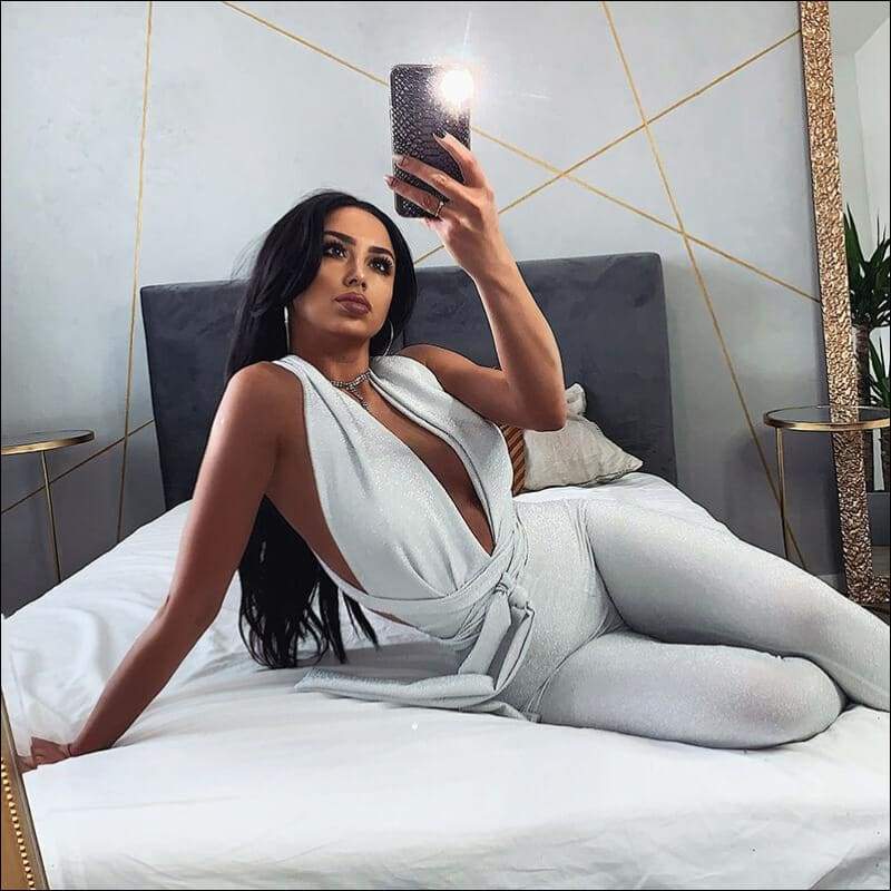 Backless Bandage V-neck Tight Jumpsuits - S / Silver - 