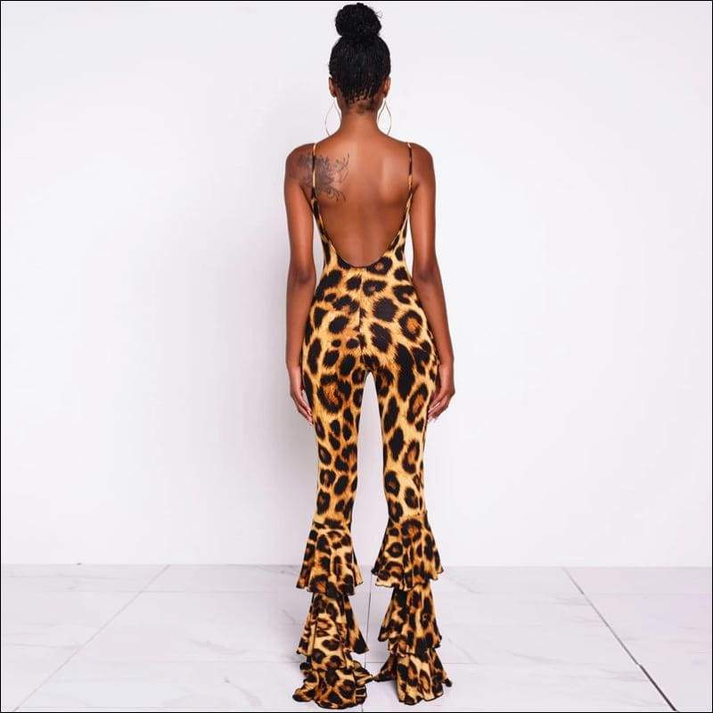 Backless Leopard Sleeveless Sling Flared - Jumpsuits