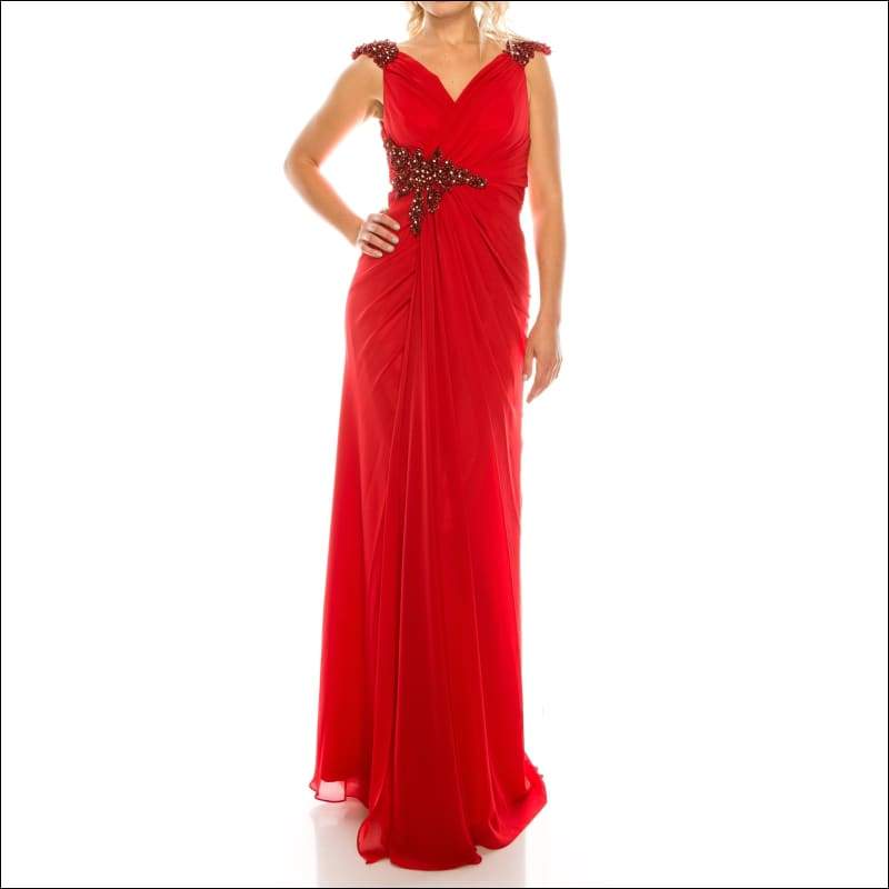 Beaded Long Sheath Evening Dress - 4 / RED - Dresses
