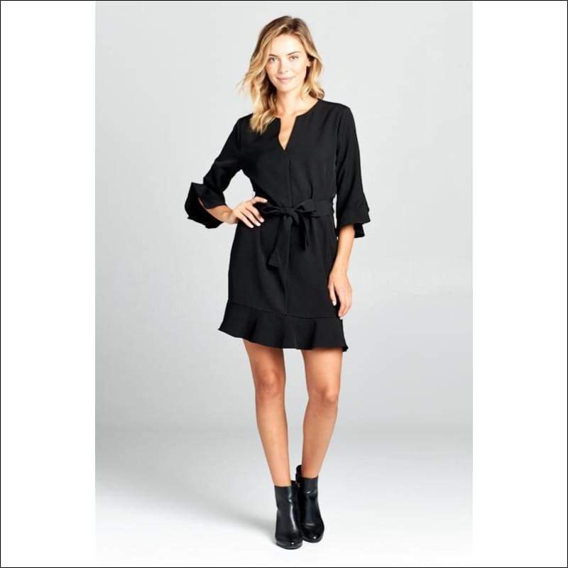 Bell Sleeve Waist Tie Dress With Notch Neck - Dresses