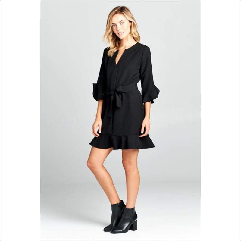 Bell Sleeve Waist Tie Dress With Notch Neck - Dresses