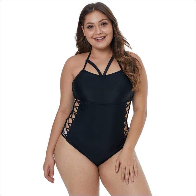Black Halter Design Hollow Plus Size Bodysuits - L / Black -