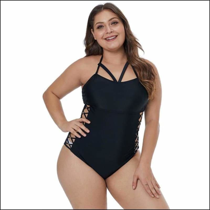 Black Halter Design Hollow Plus Size Bodysuits - XXL / Black