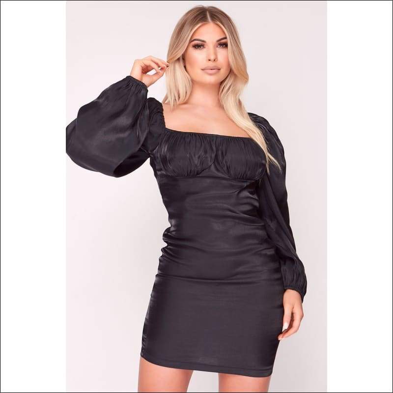 Black Satin Puff Sleeve Bodycon Dress - Women’s Clothing