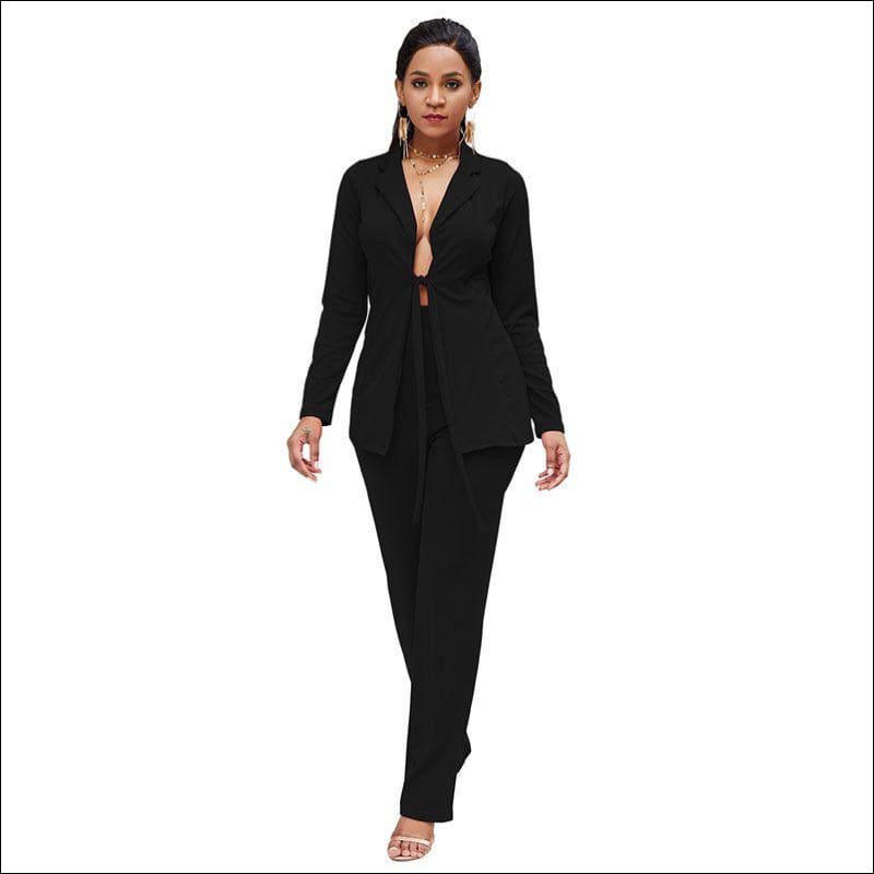 Blazer Straight Pants Suit Set Work Sexy Lapel Lace-up 