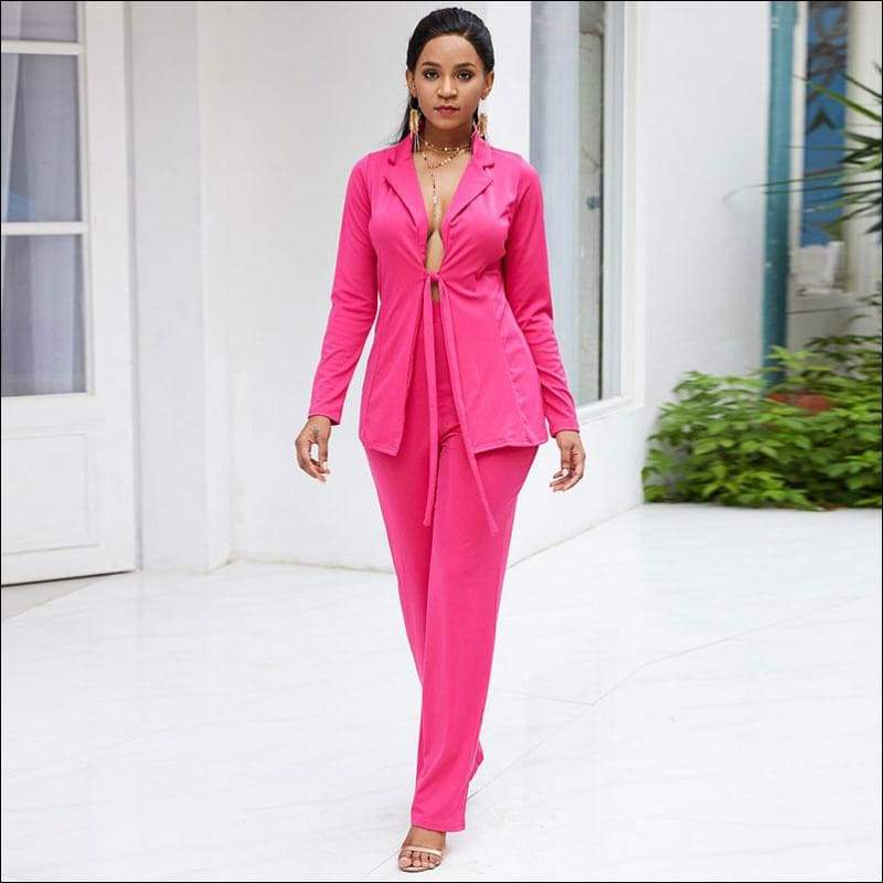 Blazer Straight Pants Suit Set Work Sexy Lapel Lace-up 