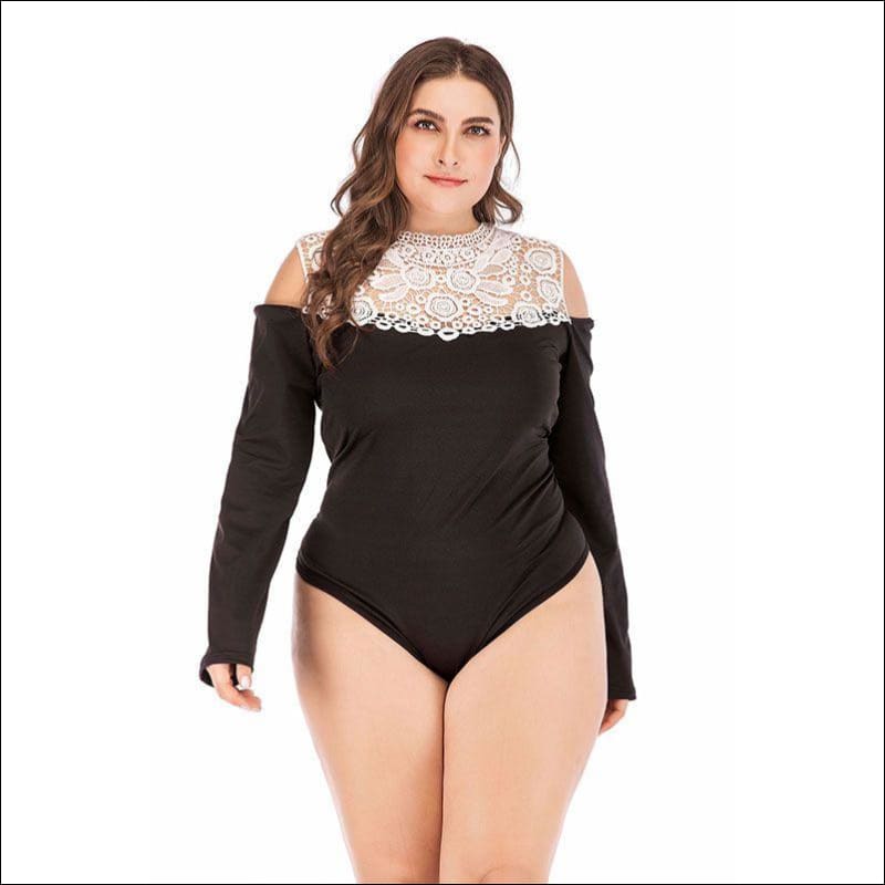 Blocking Hollow Lace Design Plus Size Bodysuits - XL / Black