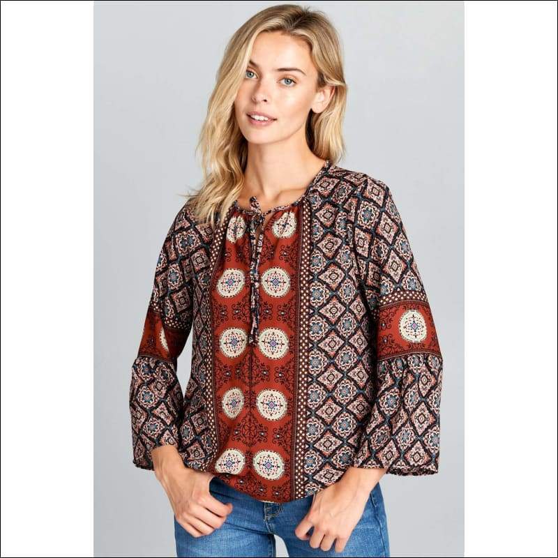 Boho Bell Sleeve Print Top - Tops & Blouses