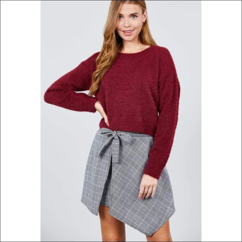 Burgundy Soft Round Neck Crop Sweater - L - Jewelry & 