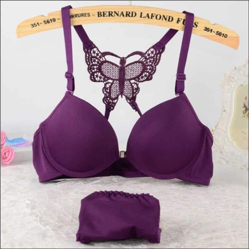Butterfly Pattern Seamless Bra Set - 70AB / Purple - 