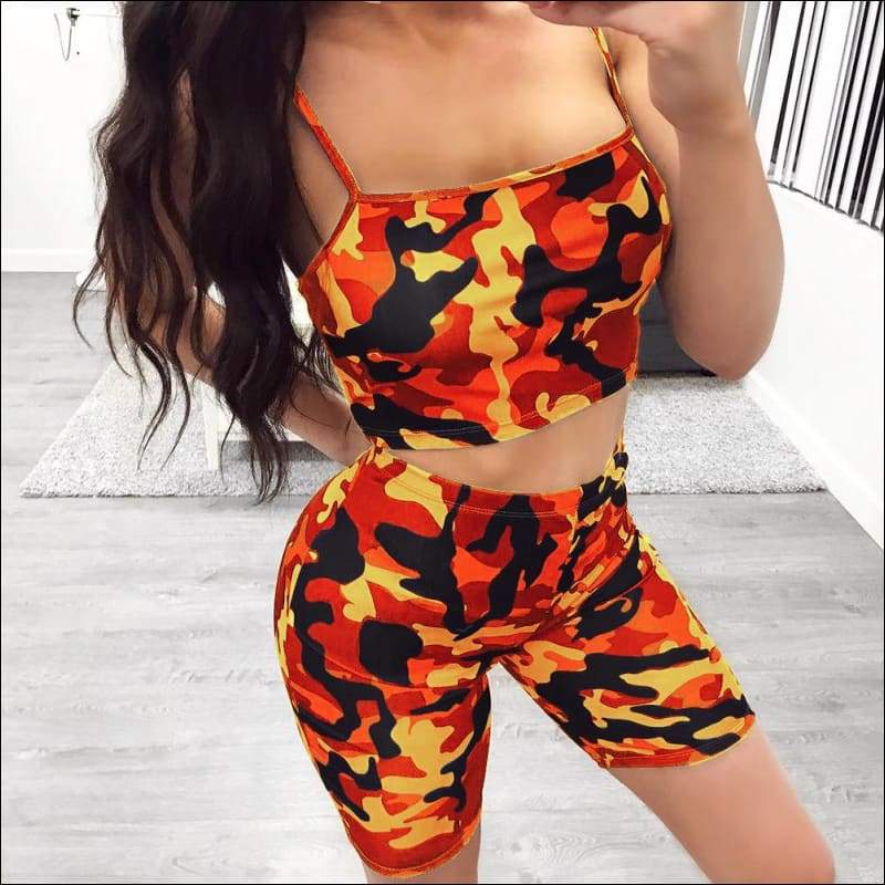 Camouflage Print Spaghetti Strap Tube Top And Tight Shorts -