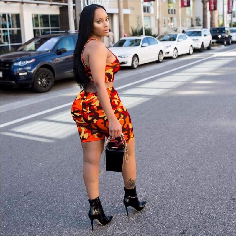 Camouflage Print Spaghetti Strap Tube Top And Tight Shorts -