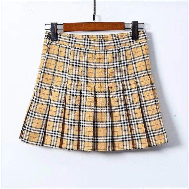 Campus Style Women Plaid Print Pleated Skirt - XS / Yellow -
