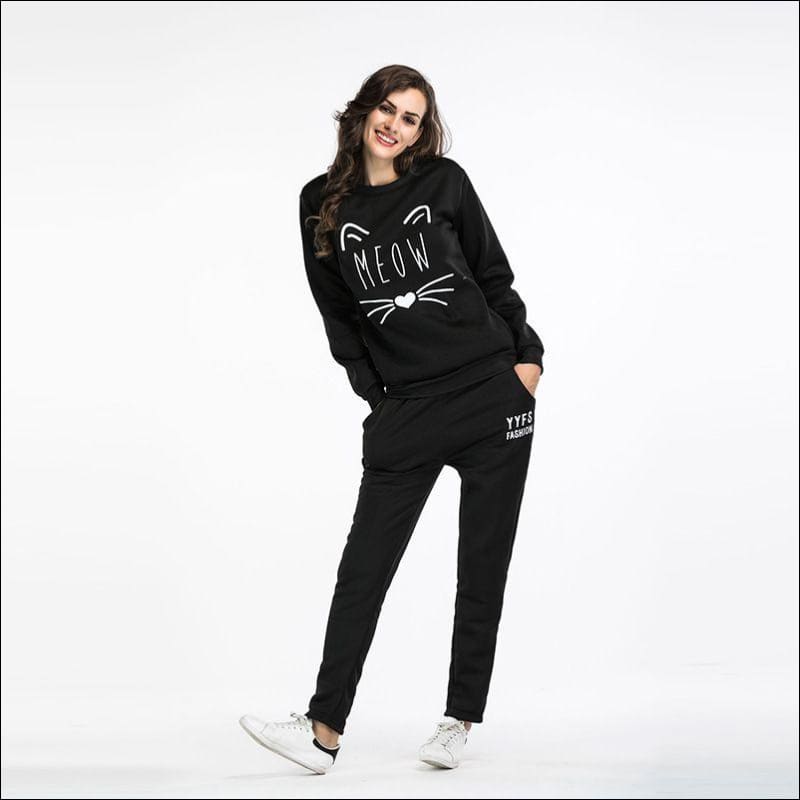 Casual Cat Print Sweatshirt Casual Pants Two Pieces Set - S 