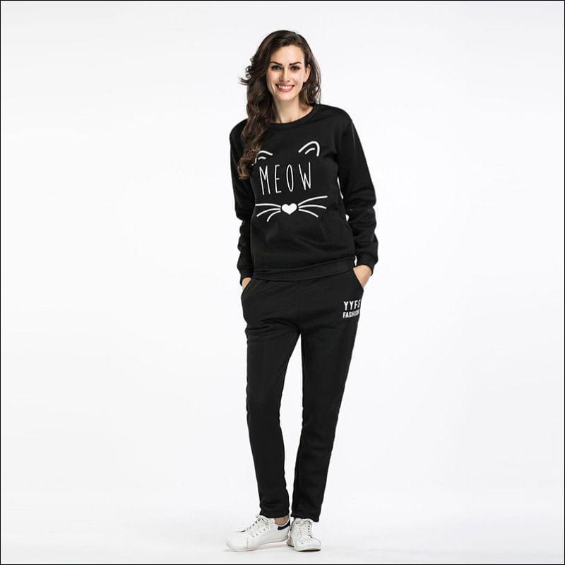 Casual Cat Print Sweatshirt Casual Pants Two Pieces Set - 