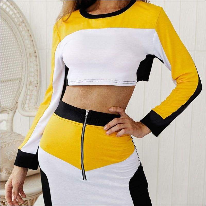 Casual Contrast Long-sleeve Crop Top Zipper Design Skirt 