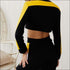 Casual Contrast Long-sleeve Crop Top Zipper Design Skirt Sporty Set