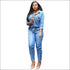 Casual Drawstring Long-sleeve Single-breasted Denim Jumpsuits