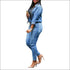 Casual Drawstring Long-sleeve Single-breasted Denim Jumpsuits