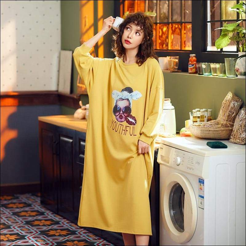 Casual Loose Pattern Long-sleeve Cotton Nightdress - M / 