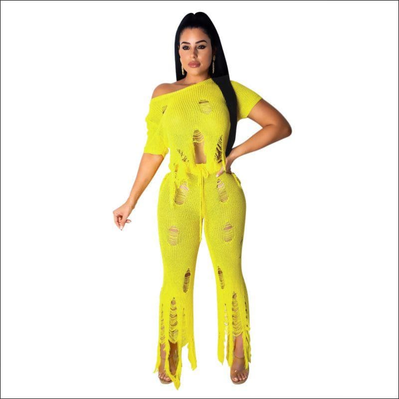 Casual Ripped Pattern Solid Color Crochet Two-piece Set - S 