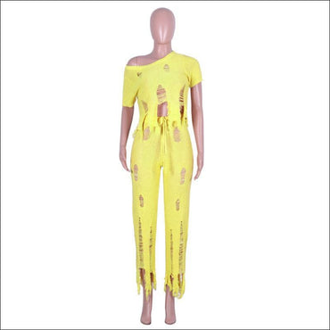 Casual Ripped Pattern Solid Color Crochet Two-piece Set