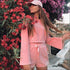 Casual Round Collar Flare Sleeve Pink T-shirt Drawstring Waist Shorts Two-piece Set