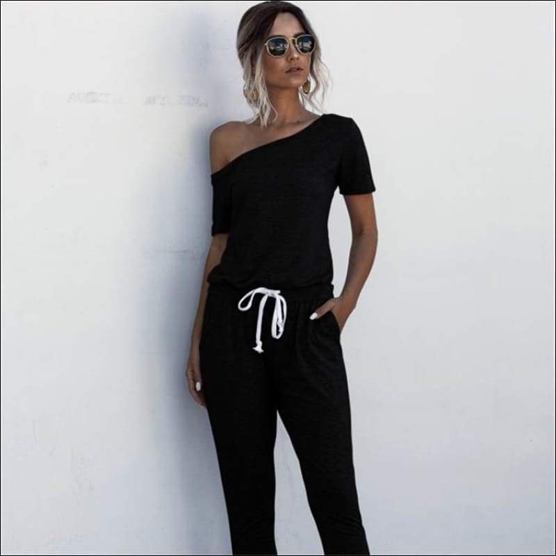 Casual Short-sleeve Irregular Jumpsuits - S / Black - 
