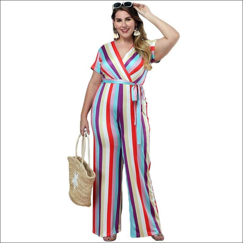Casual Short-sleeve Stripe Print Jumpsuits - L / Stripe - 