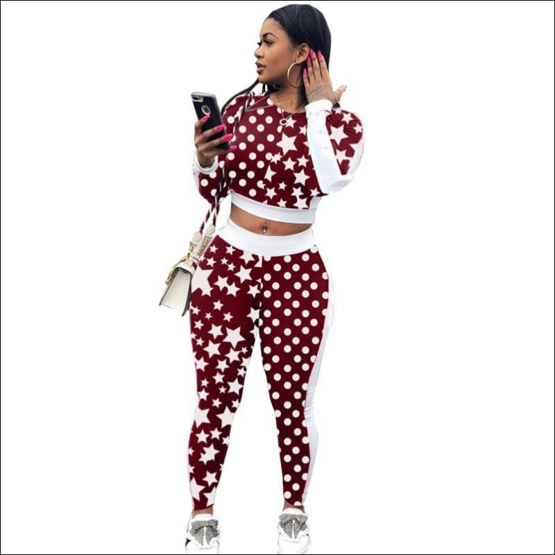 Casual Stars Print Long-sleeve Crop Top Leggings - S / 