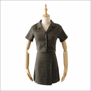Casual Summer Two-piece Outfit Vintage Style Plaid Pattern Buttoned