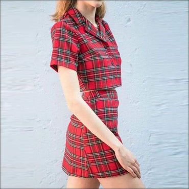 Casual Summer Two-piece Outfit Vintage Style Plaid Pattern Buttoned