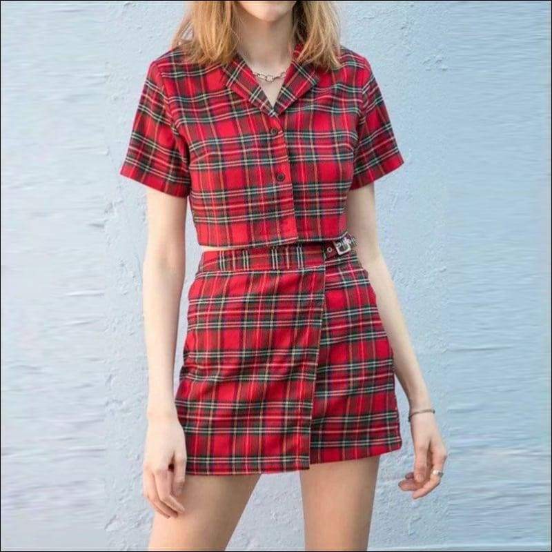 Casual Summer Two-piece Outfit Vintage Style Plaid Pattern 