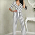 Casual Surplice Sleeve Stripes Print Jumpsuits